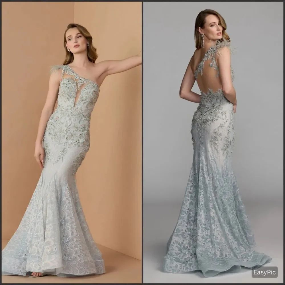 MAC DUGGAL 79264 Blue Embroidered Applique Feathered One Shoulder Trumpet Gown